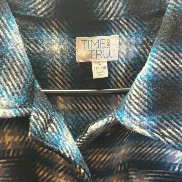 Time and Tru Women’s Large Blue Plaid Belted Shacket NWT Long Sleeve Jacket - Picture 3 of 8